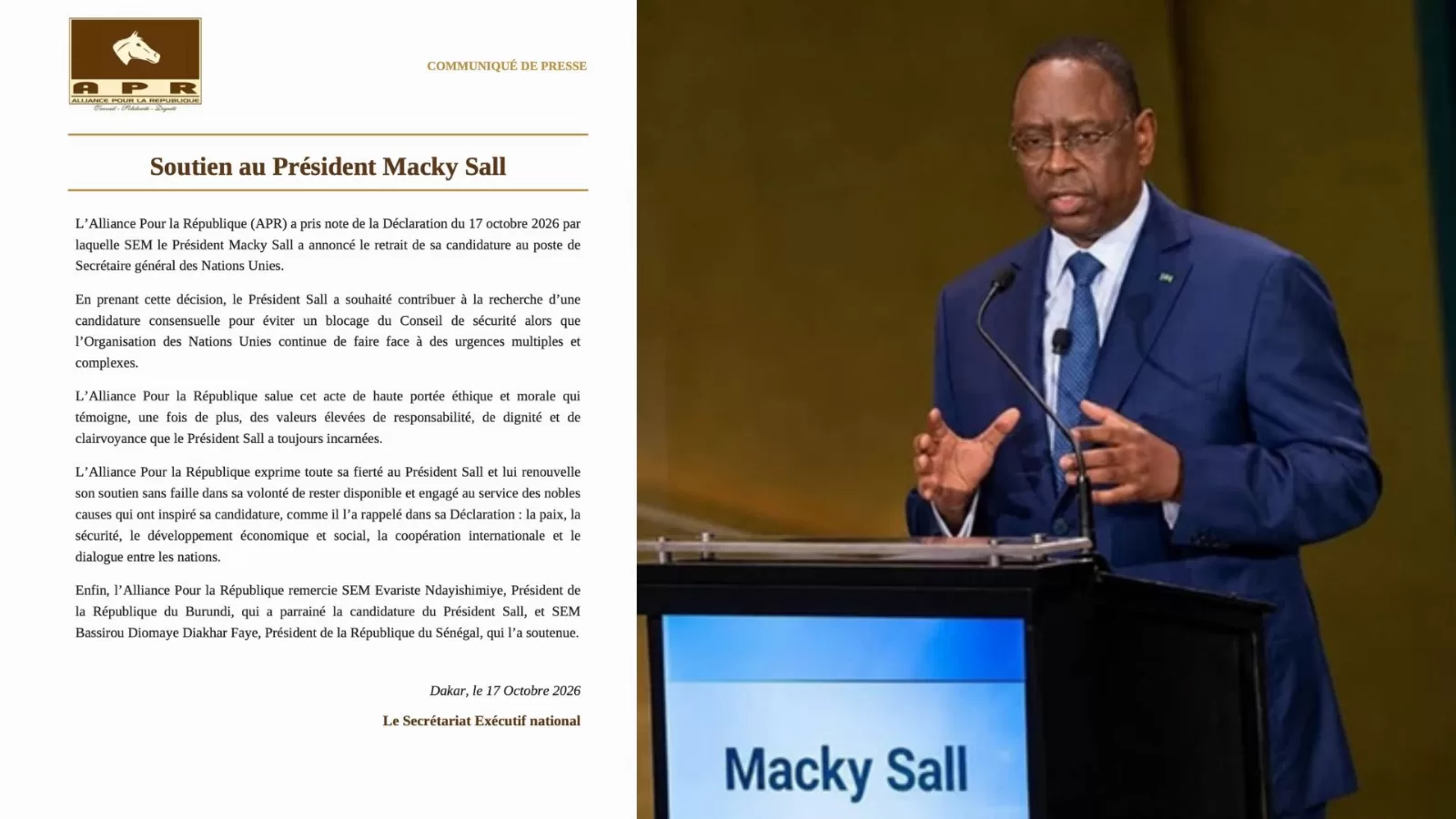 Retrait de Macky Sall de la course à l’ONU : l’APR salue un acte de « responsabilité, de dignité et de clairvoyance »
